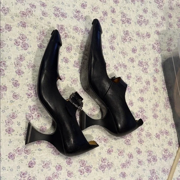 John Fluevog Black Pointed Mary Jane Heels with Decorative Buckles - Picture 5 of 8